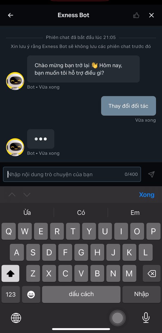 Khung chat Exness Bot, đã gửi tin nhắn Thay đổi đối tác