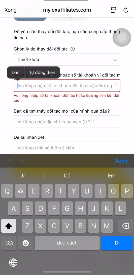 Ô đường liên kết đối tác mới đã dán link