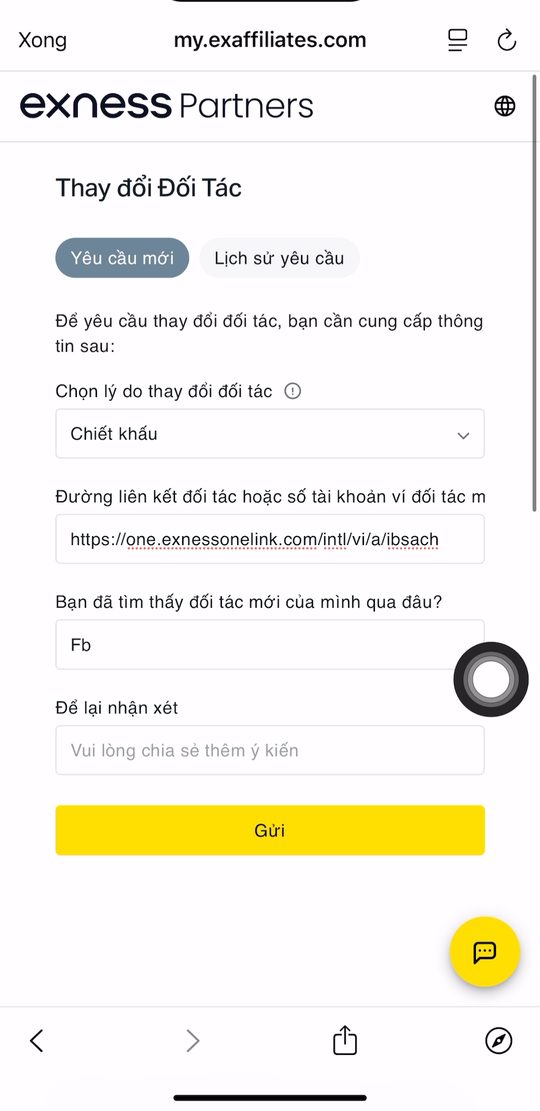 Form đã điền đủ, nút Gửi